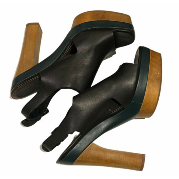 Marni for H&M Black Leather Strappy Plateau Platform Peep Toe Wooden Heels Sz 10 - Picture 4 of 12